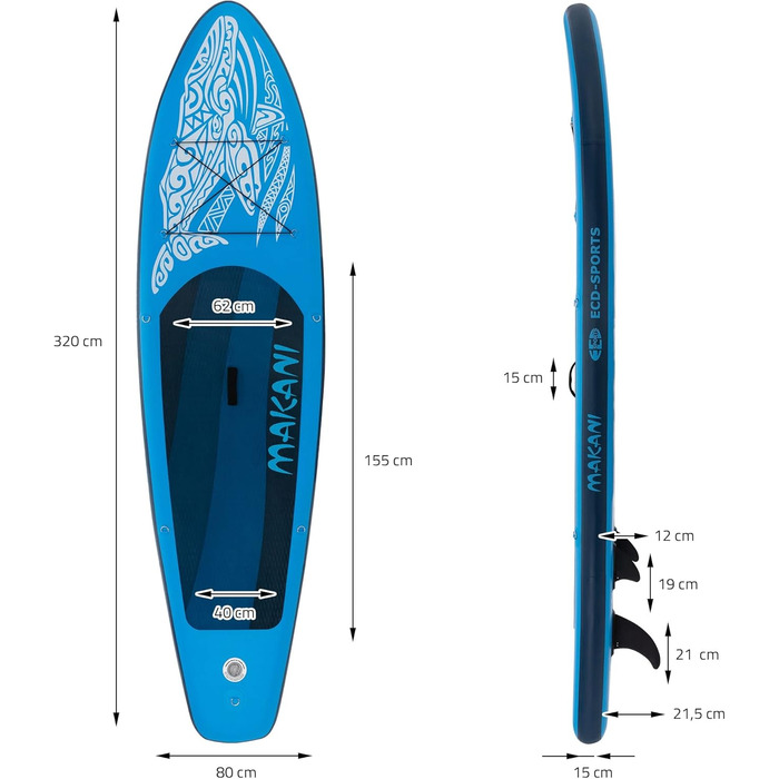 Надувна SUP-дошка ECD Germany Makani 320 см, PVC, алюмінієве весло, повний комплект, синя/помаранчева/чорна/бірюзова/зелена – для серфінгу, веслування, серфборд
