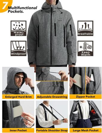 GEYSE чоловіча зимова куртка для сноубордингу та хайкінгу. Водонепроникна вітрозахисна куртка з інтегрованою системою підвіски та капюшоном. Колір: Areegrün (структурований сірий на чорному). Розмір: M