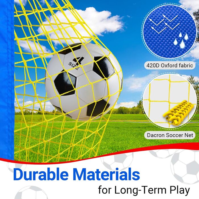 Ворота для футболу Dimples Excel Pop-Up – розкладні для дітей | Набір 1 або 2 шт. | Розміри 120x90 / 152x110 / 213x152 см | 3 кольори | З м'ячем, насосом, конусами та мішенню | Для саду та подарунка (2-120x90 блакитний+аксесуари)