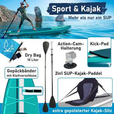 SUP дошка BRAST Shark надувна, 320x81x15 см, комплект з аксесуарами (каяк-сидіння, камера, помпа, рюкзак) - 5 років гарантії, колір: бірюзовий