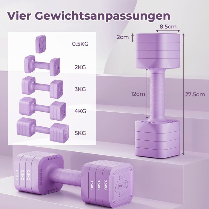 Набір гантелей Dripex регульовані 5 кг x2, з набором дисків 0,5 кг/0,25 кг (фіолетовий)