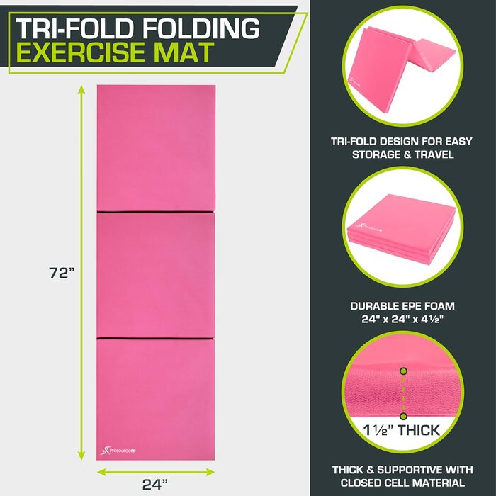 Тренувальний килимок ProsourceFit трьохшаровий, 183x61 см, з ручками, для гімнастики, MMA, йоги, розтяжки, рожевий