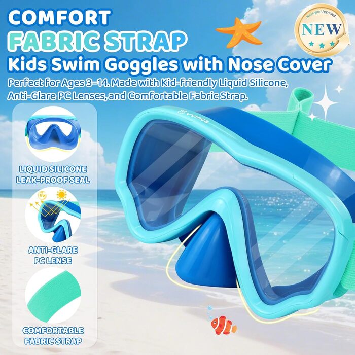 Дитячі маски для снорклінгу Vvinca з тканинним ремінцем, маски для плавання для дітей 3-14 років, хлопчиків та дівчаток, маска для дайвінгу 180° панорамний анти-затоплення (2-блакитний+зелений)