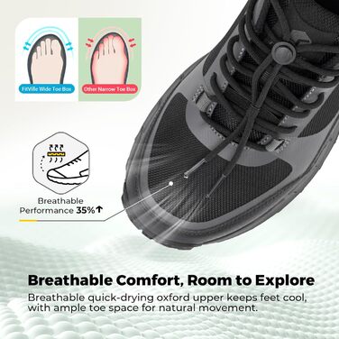 Черевики для піших прогулянок FitVille для чоловіків, широкі, трекінгові, туристичні, чорні. Зі зносостійкою підошвою, дихаючі, легкі, кросівки 45 EU, X-широкі