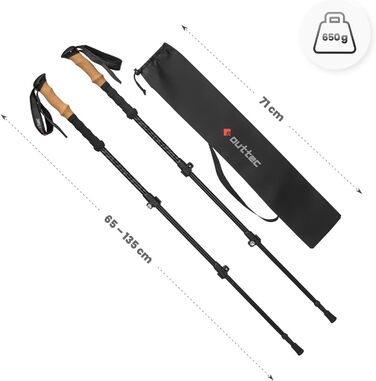 Телескопічні трекінгові палиці для скандинавської ходьби та гірських походів, ультралегкі палиці для Nordic Walking з гумовими наконечниками, регульовані (65-135 см), чорні