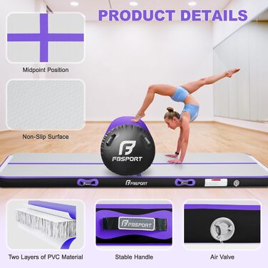 FBSPO Гімнастичний надувний мат для гімнастики та йоги з повітряною ролою, 300x100x10 см, чорно-фіолетовий