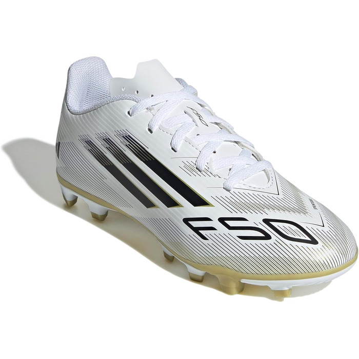Дитячі футбольні бутси Adidas F50 Club для гри на траві та жорсткому майданчику (36 EU, білий, чорний, золотий)