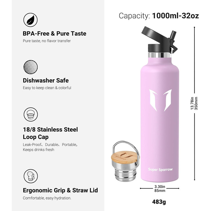 Термос-пляшка Super Sparrow з нержавіючої сталі - 350/500/620/750/1000 мл - Без витоку, BPA-Free. Ідеально для дітей, спорту, школи, фітнесу. З двома кришками (1000 мл, з квітковим дизайном)