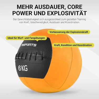 М'яч для фітнесу MSports Wall-Ball Premium 2-10 кг, медичний м'яч 6 кг, помаранчевий