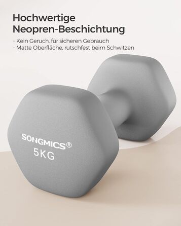 Гантелі SONGMICS 2 x 5 кг, неопрена, гексагональні, набір для фітнесу та силових тренувань вдома, сіро-блакитні