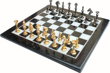 Шаховий набір StonKraft з чорного та білого мармуру з фігурами з латуні – декоративний шаховий набір для дому