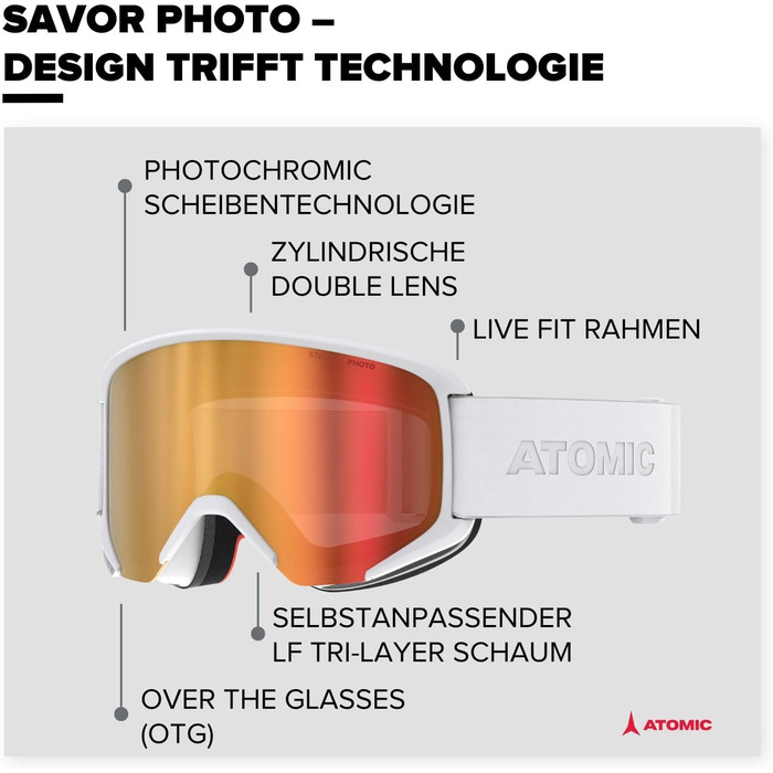 Лижна маска ATOMIC Savor Photo з фотохромною лінзою, 100% UV-захист, антицарапка, для сноуборду та лиж, біла