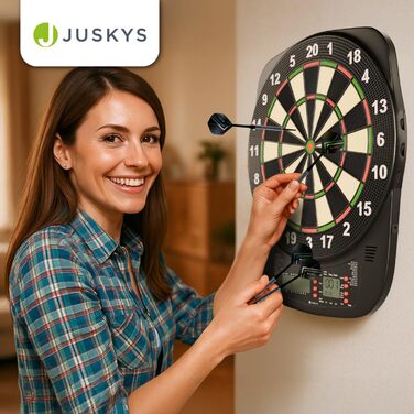 Електронний дартс Juskys з 32 іграми, LCD-дисплеєм, USB-C, стрілки та аксесуари, до 8 гравців, живлення від мережі та батарей