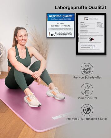 NEOLYMP Fitness Mat - Товста та неслизька фітнес-мат з E-book та ремінком - для йоги, пілатесу, тренувань (Рожева, 61 см)
