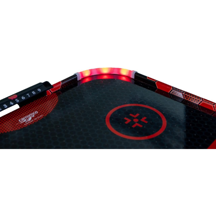 Airhockey стіл Aurora-XT від Carromco – великий стіл для аір-хокею з LED підсвіткою для дітей та дорослих від 7 років, 131x62x79 см, з LED шайбами та пушером, блок живлення