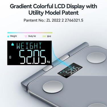 Fitdays Розумна вага для аналізу тіла - 8 електродів, точна цифрова вага BMI з 20+ показниками, Bluetooth, дисплей з кольоровою індикацією м'язів/жиру/води, синхронізація для 6 користувачів (FG2211LB-Сірий)