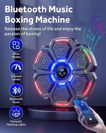 Музична бокс-машина Snawowo для дорослих і дітей з LED підсвіткою, Bluetooth, 9 режимами швидкості, електронний тренажер для боксу з музикою і лічильником ударів
