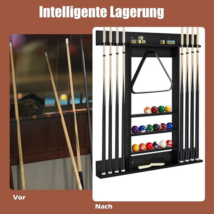 Стійка для київ GYMAX для 8 київ та аксесуарів для більярду, настінна, з дерева, для більярдних кімнат та клубів, 79 x 8 x 91 см (чорний)