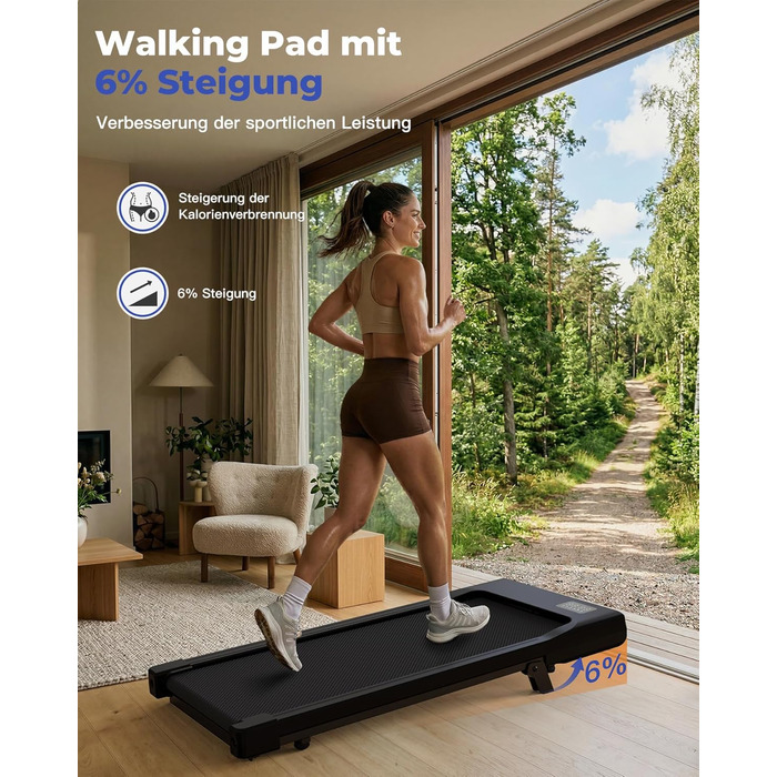 Бігова доріжка Walking Pad з нахилом 6%, для дому та офісу, до 136 кг, з додатком, 6-12 км/год, тиха 2.5 к.с., чорна 90 см