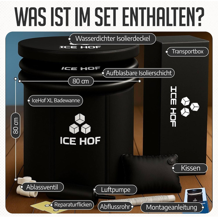 Кріованна Ice Hof® для загартовування та відновлення 400Л, версія 2026, Ø80x80 см — велика ванна для льодяної терапії (Cold Plunge) для дому та вулиці