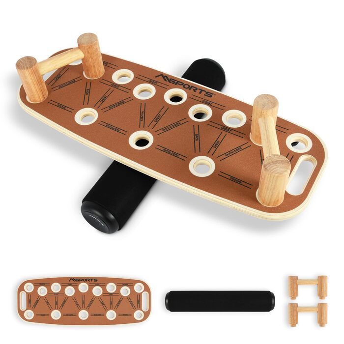 MSPORTS Push-Up Board Holz Premium: Дошка для віджимань з роликом – багатофункціональна дошка для тренування кора, балансу та сили – 15 положень, масивні ручки, антиковзаюча, обладнання для фітнесу для дому