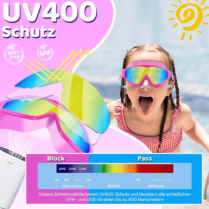 Дитячі окуляри для плавання Vvinca з носовими затискачами, широким кутом огляду, захистом від запотівання та UV-фільтром, водонепроникні, для дітей 3-14 років, рожеві та блакитні