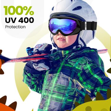 Дитяча лижна маска OutdoorMaster з UV-захистом, сумісна з шоломом, чорна оправа, REVO-синя лінза VLT 15%