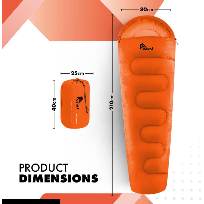 Спальний мішок Azark Premium, 350 г/м², легкий та водонепроникний, 4 сезони, для кемпінгу, піших прогулянок та відпочинку на природі, для дорослих та дітей, помаранчевий