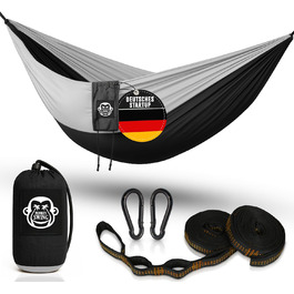 Гамак Monkey Swing ультралегкий з карабіном та стропами (до 300 кг) – 275 x 140 см, для кемпінгу, відпочинку на природі, трекінгу та подорожей (зелений/хакі, чорний)