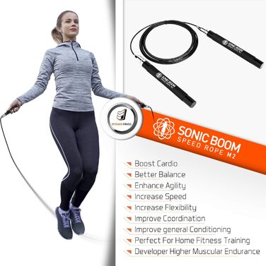 Скакалка для фітнесу Epitomie Fitness Sonic Boom M2, важена, з силіконовою ручкою, 360° обертів, 2 швидкісні троси, для дому, чорна