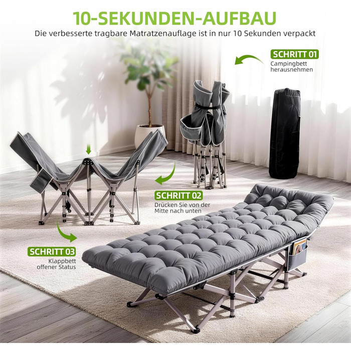 Ліжко похідне розкладне Feldbett XXL 7 зон, 250 кг, Oxford 1200D, кут нахилу 15°, сіре (2 шт)