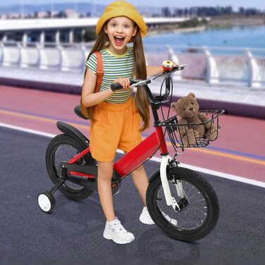 Дитячий велосипед 14 дюймів, регульована висота, велосипед для дівчаток 3-5 років, з додатковими колесами та кошиком, червоний