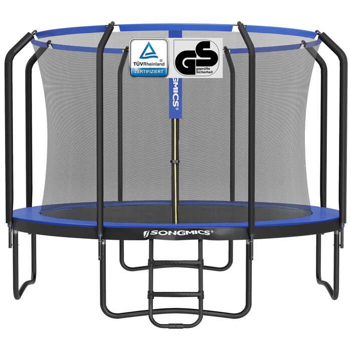 Трамплін SONGMICS для дітей на вулицю, Ø 244/305/366/427 см, круглий, з сіткою безпеки та сходами, захисним бордюром, м'яким каркасом (305 см, Чорний + Темно-синій)