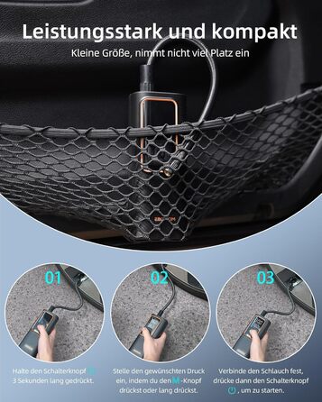 Електрична повітряна помпа 10.3 Bar з акумулятором, 6000mAh та 12V DC, для авто, мото, велосипеда, з LED-ліхтариком та автовимкненням (Оранжева, I7)