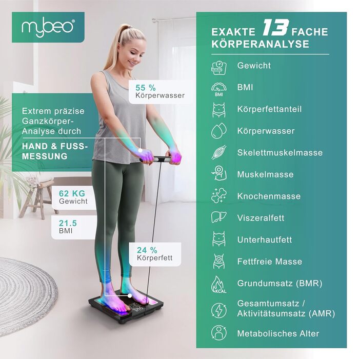 Вага Mybeo з датчиками для тіла: аналіз складу тіла, Bluetooth, цифрова вага, персональна вага, багатофункціональна вага, точні вимірювання, аналіз жиру