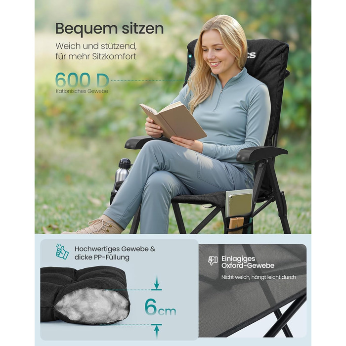 Складний туристичний стілець SONGMICS для відпочинку та риболовлі, чорний, з регульованою спинкою 95°-150°, з підстаканником та кишенею