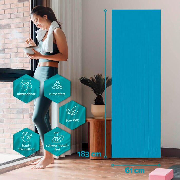 Йога мат для фітнесу, 183x61x0.4 см, неслизька, для йоги, фітнесу, пілатесу, під спортивне обладнання | Звукоізоляція, міцна, Petrol