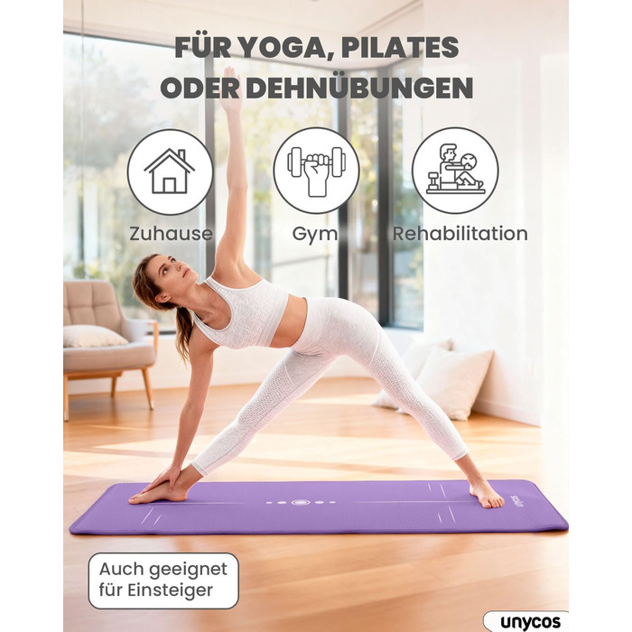 Килимок для йоги Unycos: антиковзаюча поверхня, висока щільність 6/10/15 мм, з сумкою, для пілатесу та фітнесу, колір ліловий, розмір 183*66*1 см.