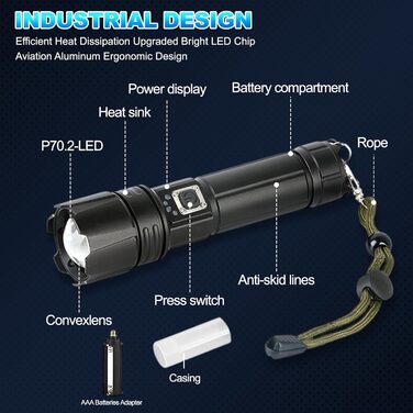 Ліхтар LED акумуляторний 500000 люмен, тактичний, потужний, IP67, водонепроникний, для кемпінгу, туризму, риболовлі, з чохлом та компасом