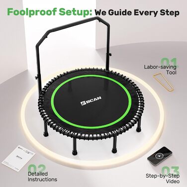 Трамплін для дорослих BCAN Rebounder 122 см, до 250 кг, з регульованою ручкою, для дому та вулиці, тренування всього тіла, зелений