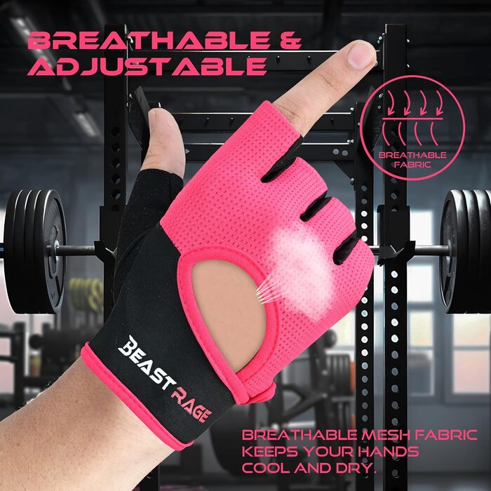 Фітнес-рукавички BEAST RAGE: дихаючі, для чоловіків та жінок, підйом ваги, бодібілдинг, тренування, неслизькі, кросфіт, силове тренування, велоспорт, колір рожевий