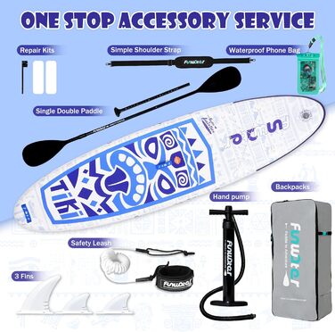 Надувний SUP Борд FunWater 10'6'–11'6' для всіх рівнів підготовки, з антиковзким EVA-деком, веслом, насосом та аксесуарами. Колір: блакитний/білий