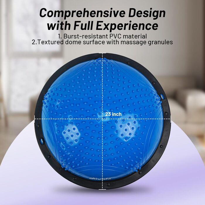 Йога-м'яч Ativafit для балансу та фітнесу 60*18 см, до 300 кг, з помпою та еспандером (блакитний)