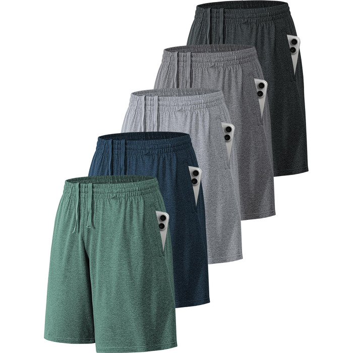 Шорти спортивні чоловічі BVNSOZ з кишенями та еластичним поясом Quick Dry для тренувань (XXL, 5 шт. чорний, темно-сірий, темно-синій, світло-сірий, зелений)