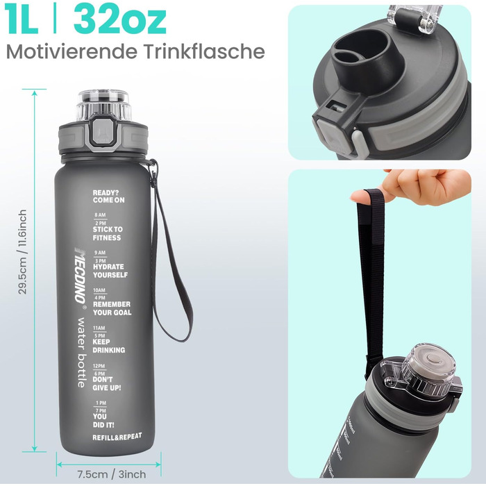 Спортивна пляшка для води 1л з 2-в-1 отвором | Трубочка та пряме пиття | Без BPA, Tritan, витокозахисна | Для спорту, фітнесу, роботи, велоспорту, піших прогулянок, подорожей