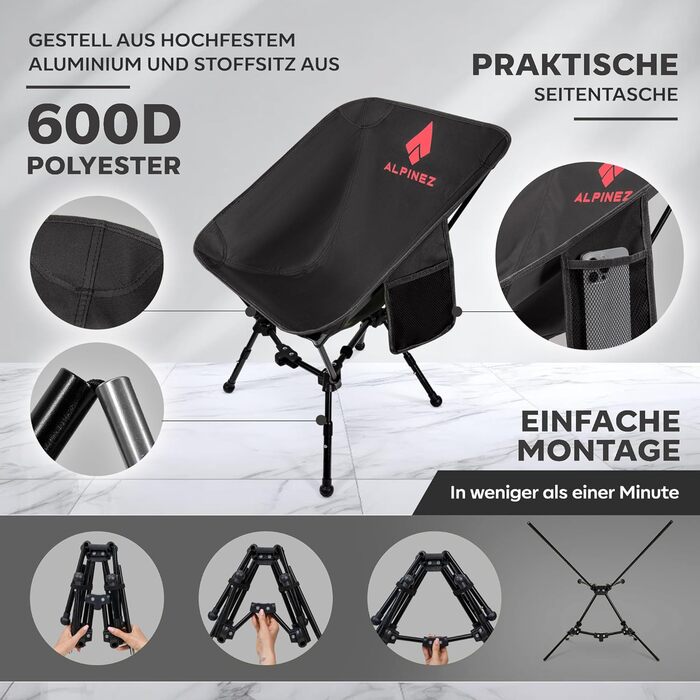 Складний туристичний стілець Alpinez: легкий, регульований по висоті, компактний | для кемпінгу, риболовлі, пляжу. Зелений (Чорний)