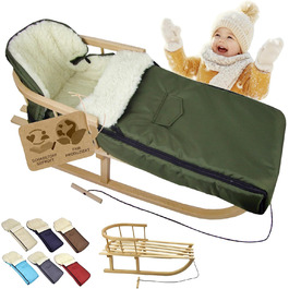 Дерев'яні санчата BambiniWelt з підніжкою та тягою + зимовий мішок для ніг 108 см – тепла вовна, водовідштовхувальний – комбінований набір для коляски та візка (оливковий)