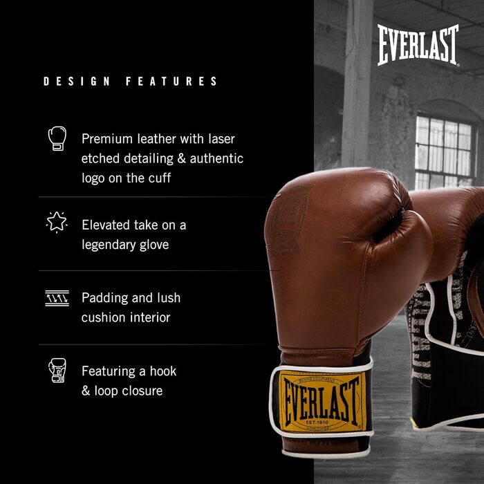 Боксерські рукавички Everlast 1910 Classic з натуральної шкіри, для тренувань з мішком та лапами, на липучці, потрійна амортизація, ергономічне зчеплення – Оригінальні Everlast, Колір: Коричневий, Розмір: 14OZ