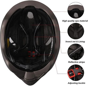 Велосипедний шолом Shinmax з LED-підсвіткою, USB-зарядка, знімне магнітне візор, легкий міський/MTB шолом для дорослих, регульований, дихаючий, 57-62 см, чорний титан