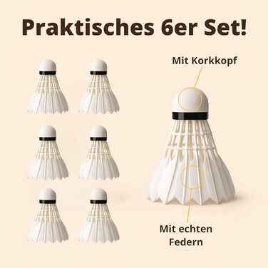 Набір для бадмінтону BEST SPORTING: 6 турнірних м'ячів з натураним пір'ям, середня швидкість